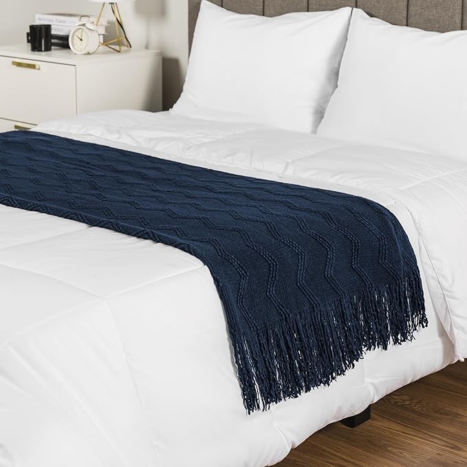 PAVILIA Navy Blue Knit Throw Blanket for Couch, Twin Bed, Soft Knitted Farmhouse Sofa Throw for Living Room, Lightweight Decorative Summer Blanket for Chair, Outdoor Textured Boho Blanket, 60x80