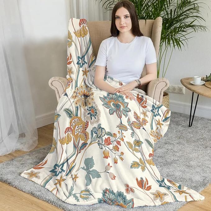 Boho Floral Throw Blanket, Bohemian Soft Cozy and Warm Couch Blankets Gift for Flower Lover, Decorative Blankets for Sofa Couch Bed, White Green 50×60 inches