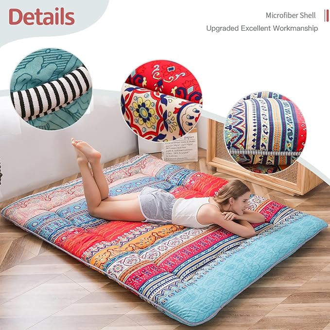 MAXYOYO Bohemian Retro Mattress Vintage Floral Japanese Futon Roll Up Tatami Floor Mat Foldable Bed Portable Camping Mattress Sleeping Pad Floor Lounger Couch Bed Full Size