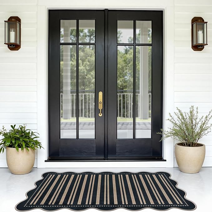 Striped Easy Jute Outdoor Patio Rug, 3x5 Washable Rugs for Entryway Indoor Outdoor Living Room Area Rug, Farmhouse Non Slip Black Carpet for Backyard Bedroom Porch