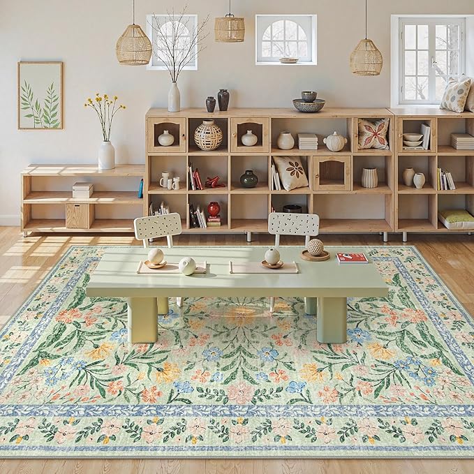 Lahome Sylvie Machine Washable Area Rugs 8x10 Non Slip, Soft Boho Living Room Rugs, Ultra-Thin Vintage Cottage Throw Carpet for Home Office Dinning Room Kids Playroom, Green/Multi