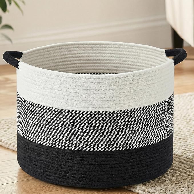 100L Large Cotton Rope Basket, Decorative Woven Blanket Storage for Living Room, Boho Toy Storage & Toy Box for Kids, Versatile Laundry Basket & Nursery Hamper for Blankets(Black)