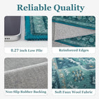 8x10 Teal Medallion Rugs for Living Room, Vintage Classic Washable Large Rug for Bedroom Under Bed, Vibrant Boho Low Pile Thin Soft Carpet Rugs for Dining Room Office