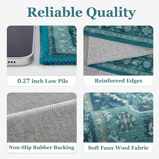Teal 5x7 Area Rugs for Living Room, Vintage Medallion Classic Bedroom Rug Washable Non Slip, Boho Low Pile Thin Carpet Rugs for Dining Room/Kitchen/Home Office/Foyer