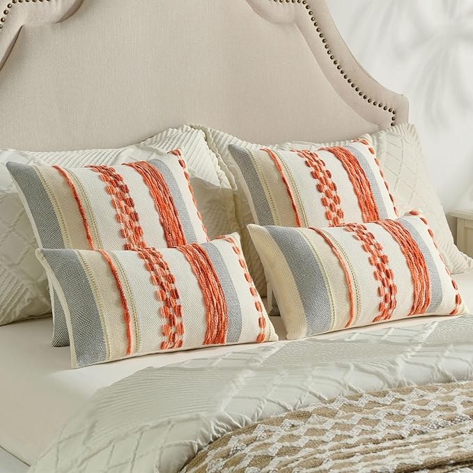 FUTEI Orange Decorative Throw Pillow Covers 12x20 Inch Set of 2, Soft Tufted Striped Textured Accent Pillow Case,Boho Pillows for Couch Decor