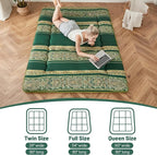 Japanese Floor Mattress, Futon Mattress with Portable Storage Bag and Washable Cover, Roll Up Thick Tatami Mat Suitable for Camping, Guest Room (Boho Green, Full)