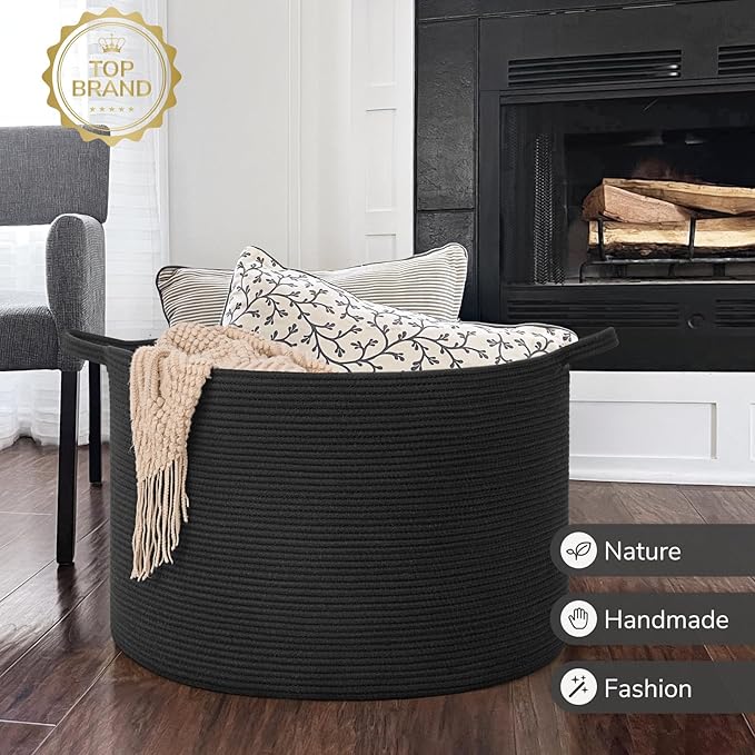 INDRESSME 115L Extra Large Cotton Rope Blanket Basket, Woven Storage for Living Room Toy Baskets Kids Baby Laundry Hamper for Dirty Clothes, Pillows, White & Black