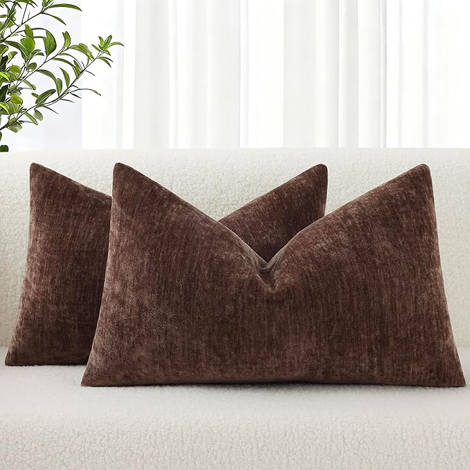 decorUhome Chenille Reddish Brown Spring Throw Pillow Covers 12x20 Inch Set of 2, Decorative Soft Couch Pillow Covers Solid Dyed Accent Farmhouse Neutral Rectangle Pillow Cases for Sofa