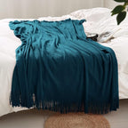 Homiest Decorative Knitted Throw with Fringe, Lightweight Acrylic Knit Blanket, Soft & Cozy Tassel Blanket for Couch, Sofa, Bed (Turquoise, 50 x 60 Inch)