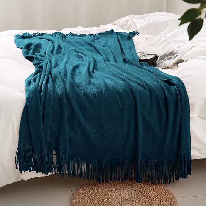 Homiest Decorative Knitted Throw with Fringe, Lightweight Acrylic Knit Blanket, Soft & Cozy Tassel Blanket for Couch, Sofa, Bed (Turquoise, 50 x 60 Inch)