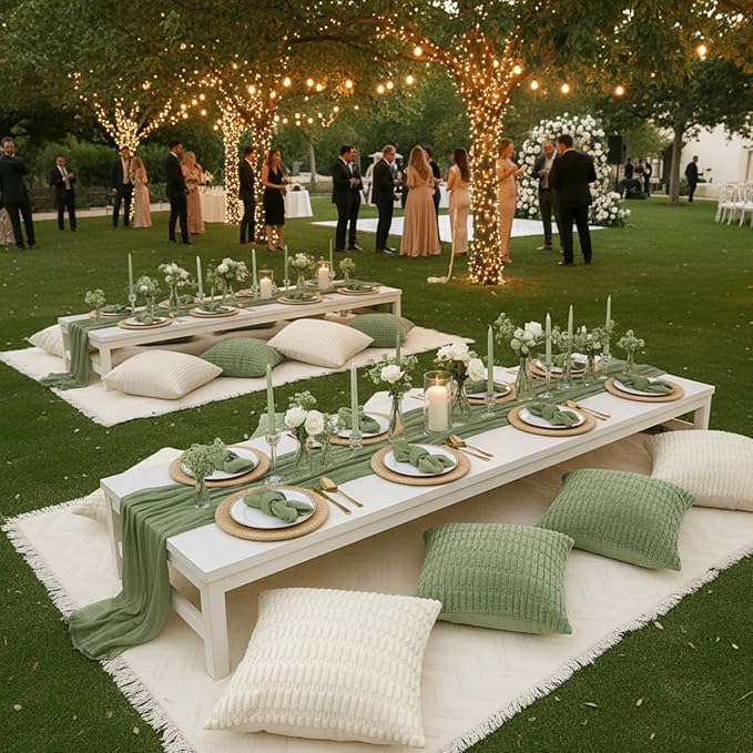 91 x 71 Extra Large Outdoor Boho Picnic Blanket with Sage Green Table Runner, 6 Throw Pillow Covers 6 Napkins Woven Cotton Yarn Oversize Beach Blanket Washable Picnic Camp Wedding