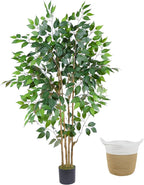 Artificial Ficus Tree, 5ft Tall Silk Fake Ficus Leaves Plant with Basket, Indoor Outdoor Faux Greenery Tree for Home Garden Office House Livingroom Décor