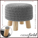 Casafield Pouf Ottoman Footstool, 13" Round x 11" High, Hand-Knitted Cotton Footrest, Non-Skid Wood Legs, Boho Foot Stool for Living Room, Bedroom (Light Gray)