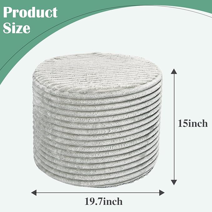 Round Pouf Ottoman, Stuffed Floor Pouf with Foam Chunk Filling, Soft Coral Fleece Furry Foot Rest Stool, Multi-Use Ottoman for Living Room, Wide Stripe Boho Decor,Dark Gray