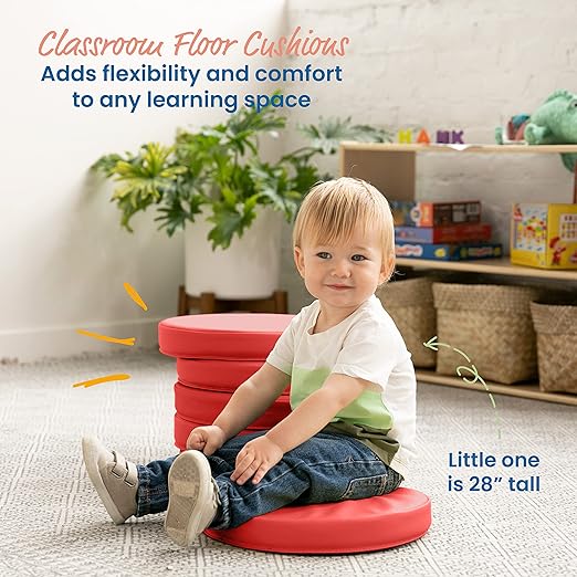 ECR4Kids SoftZone Floor Cushions, Round, Flexible Seating, Red, 6-Piece