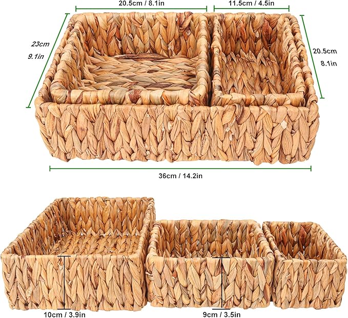 3 Set Rustic Water Hyacinth Storage Baskets - Rectangular Wicker Set for Organizing, Decorating, Bathroom, Living Room, Dining Room