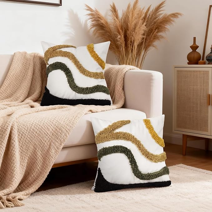 Boho Throw Pillow Covers 18x18 Inch Set of 1, Tufted Abstract Decorative Pillow Cover Mid Century Modern Pillow Cases Bohemian Cushion for Couch Sofa Bed Living Room Home Decor, Green-Brown