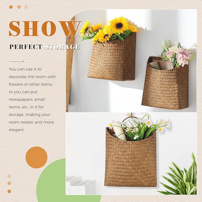 Boao 2 Pack Hanging Basket for Front Door Seagrass Wall Basket Hand Woven Different Sizes to Hold Flowers and Mail Wall Mounted Racks Storage Organize for Home Garden Farmhouse(Retro Color)