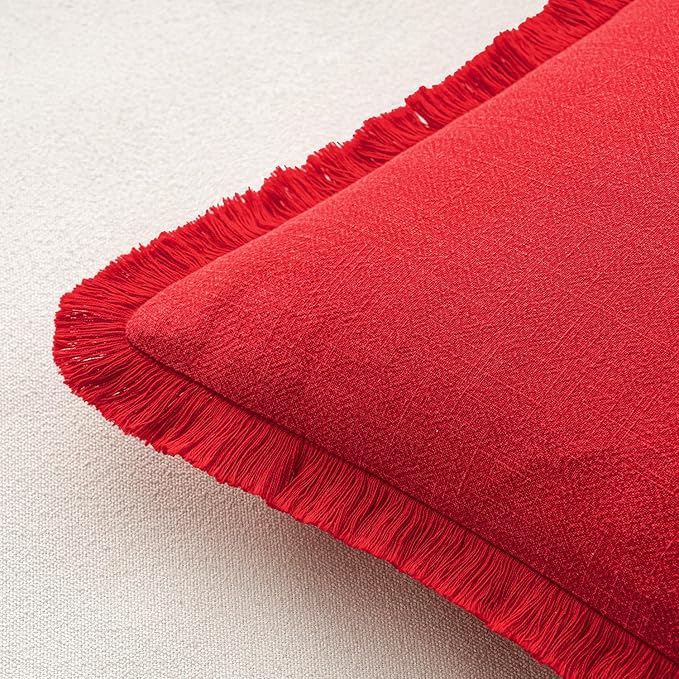 MIULEE Decorative Throw Pillow Covers Neutral Linen Fringe Throw Pillows Set of 2 Red Boho Farmhouse Cushion Covers with Tassels for Couch Sofa Bed Living Room Spring Home Decor 20x20 Inch