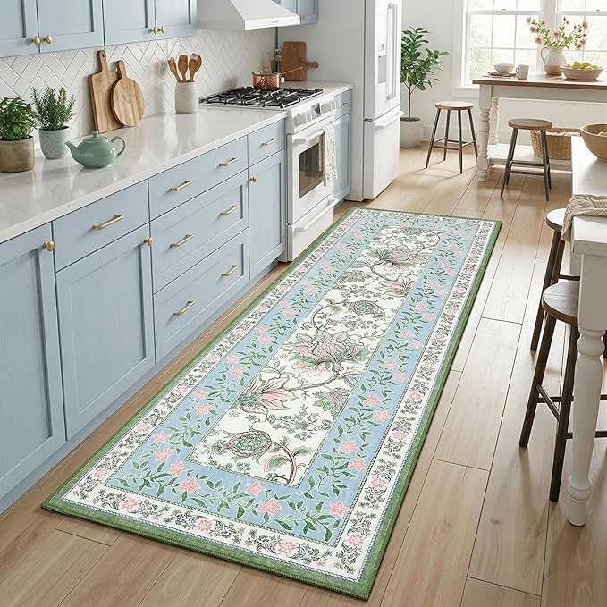 GarveeHome Blue Green Pink Area Rugs 9x12 Living Room, Botanical Grove Cottage core Washable Non-Slip Rug for Bedroom Dining Nursery Low-Pile Vintage Large Soft Carpet