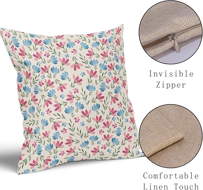 Easter Pink Blue Floral Pillow Covers 16x16 Set of 2 Spring Vintage Rustic Old Style Cute Flower Cream Print Decorative Outdoor Pillowcases Farmhouse Throw Cushion Case Decor for Couch Sofa Bed