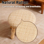 Round Foot Stool, Small Pouf Ottoman with Natural Rattan, Boho Footrest Wooden Stool for Couch, Step Stool for Living Room Bedroom Entryway Hallway Patio