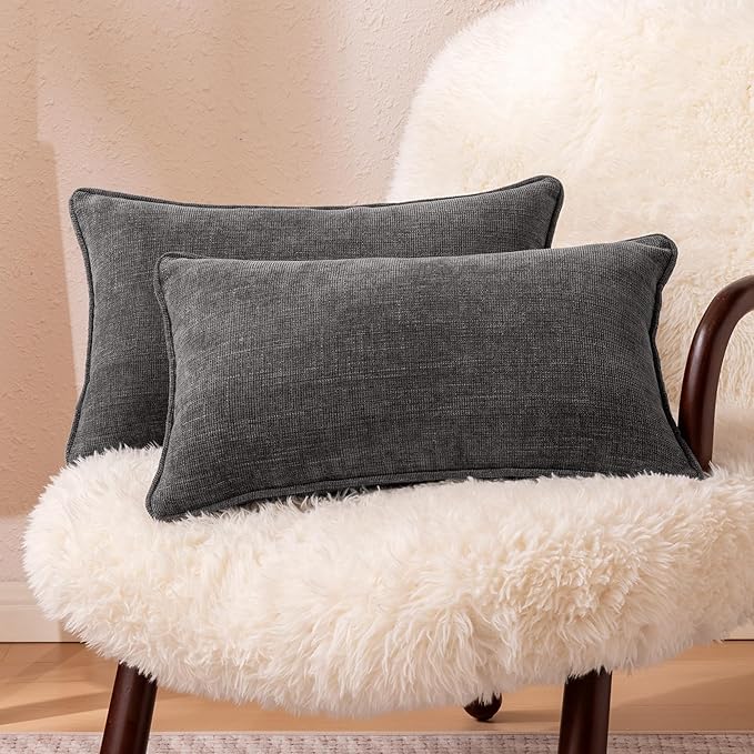 Amazon Basics Faux Linen Throw Pillow Covers with Hidden Zipper Closure, 12 × 20in, Dark Gray, Pack of 2