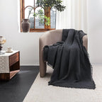FOSSA Muslin Blanket with Fringe - 4-Layer 100% Cotton Gauze Super Soft & Breathable Throw -Lightweight Decorative Cooling Blanket for Bed, Sofa, Office - Super King Size 108" x 98" (Dark Gray)