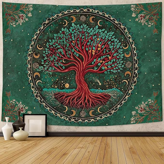 Accnicc Tree of Life Tapestry Green Nature Floral Plant Moon Phase Tapestries for Bedroom Aesthetic Hippie Boho Mandala Celestial Large Tapestry Wall Hanging for Dorm Living Room Decor 80 x 60 Inch