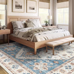 Washable Rugs 8x10, Ultra-Thin Non-Slip 8x10 Area Rugs for Living Room, Soft Vintage Large Area Rug, Foldable Farmhouse Bedroom, Dining Room Rug (Blue/Beige, 8'x10')