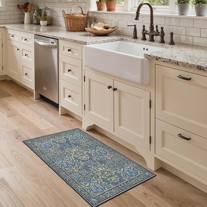 GENIMO Washable Small Reversible Rug 2x3, Low-Pile Non-Slip Kitchen Mat, Small Entryway Rug for Front Door Entrance, Hallway, Bathroom, Vintage Boho Floral Indoor Decor, Beige/Navy