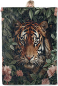 Tiger Floral Flannel Blanket 50x60in,Fierce Jungle Animal Face with Pink Flowers,Soft Lightweight Wild Animal Throw for Men,Women,Nature Lovers,Bedroom Couch Décor Gifts Blankets