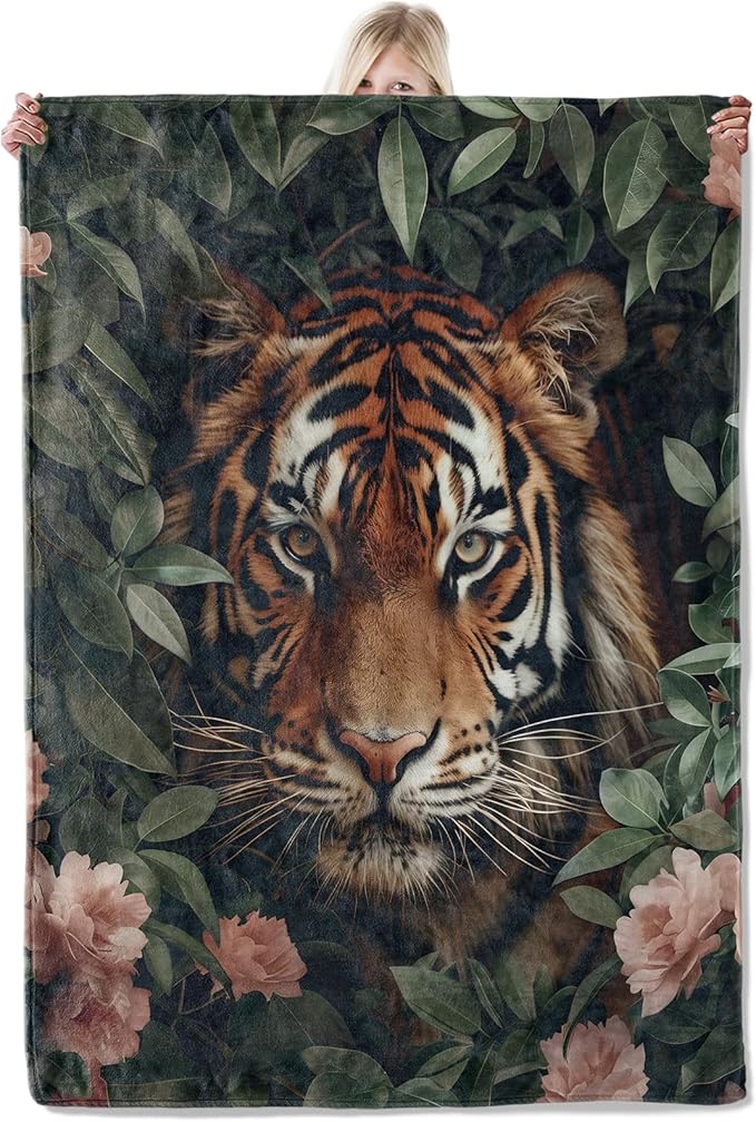 Tiger Floral Flannel Blanket 50x60in,Fierce Jungle Animal Face with Pink Flowers,Soft Lightweight Wild Animal Throw for Men,Women,Nature Lovers,Bedroom Couch Décor Gifts Blankets