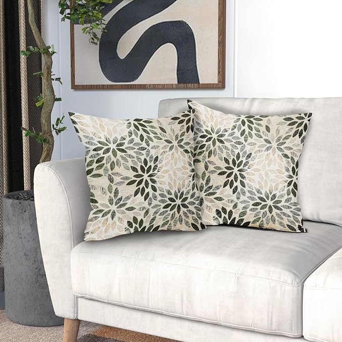 Olive Green Dahlia Throw Pillow Covers 18x18 Inch Rustic Geometric Flower Decorative Square Pillow Cases Beige Tan Gray Floral Cushion Covers Farmhouse Home Decor For Sofa Couch Outdoor Set of 2
