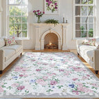 Lahome Vintage Floral 8x10 Rugs for Living Room,Large Boho Washable Rugs,Low Pile Bedroom Rug 8x10 Under Bed Carpet for Nursery Playroom Dining Room Nina (Purple/Grey)