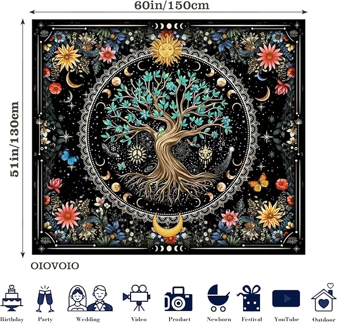 OIOVOIO Tree of Life Tapastry Sun and Moon Tapastry Bohemian Hippie Wishing Tree Tapestries Nature Flower Plant Butterfly Tapestries for Home Decor Bedroom Living Room Dorm Decor (59"x51", Black)