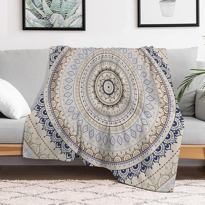 Mandala Throw Blanket Retro Eastern Backdrop Swirled Cosmic Lotus Yoga Boho Artwork Blanket for Sofa Bed Couch Chair Or Dorm 70"x80"