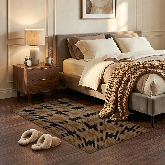 Washable Easy Jute Dark Brown Rug Indoor Outdoor - 3 x 4 Neutral Checkered Area Rug for Kitchen Floor, Entryway, Door Mat Outdoor Entrance Non Slip, Patio, Tan Buffalo Plaid Accent Décor