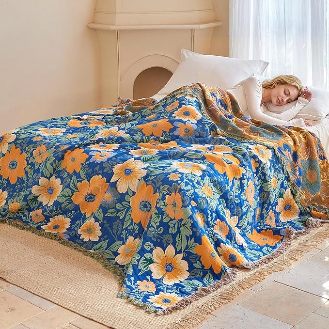 Boho Throw Blanket - 100% Cotton Ultra Soft Muslin Spring Blanket, 60"x80" Lightweight Floral Bird Framhouse Bedding Blanket for Bed, All Season Blue Bohemian Bedroom Home Decor Quilt