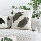 Linen Green Leaf Throw Pillow Cover, Tasseled Square Pillowcase with Tufted Tropical Fern Leaves, Modern Decorative Sham for Rustic Spring Summer Home Outdoor Decor, 18x18 inches, 1PCS
