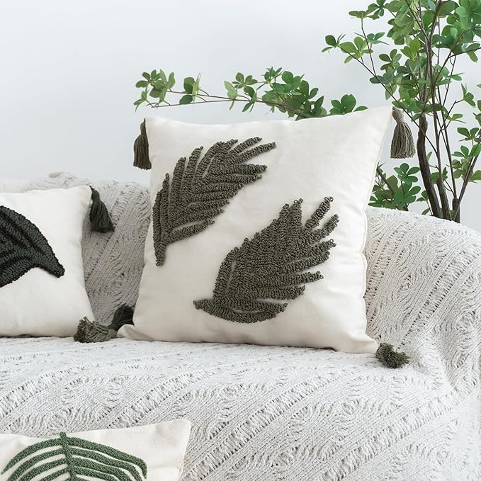 Linen Green Leaf Throw Pillow Cover, Tasseled Square Pillowcase with Tufted Tropical Fern Leaves, Modern Decorative Sham for Rustic Spring Summer Home Outdoor Decor, 18x18 inches, 1PCS