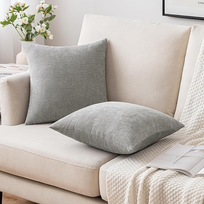 MIULEE Pack of 2 Light Grey Decorative Pillow Covers 20X20 Inch Soft Chenille Couch Throw Pillows Farmhouse Cushion Covers for Home Decor Sofa Bedroom Living Room