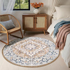Lessymo 4FT Washable Round Area Rugs for Living Room, Non Slip Circle Rugs Low Pile Vintage Carpet for Bedroom, Dining Room, Nursery, Home Office, Brown Beige
