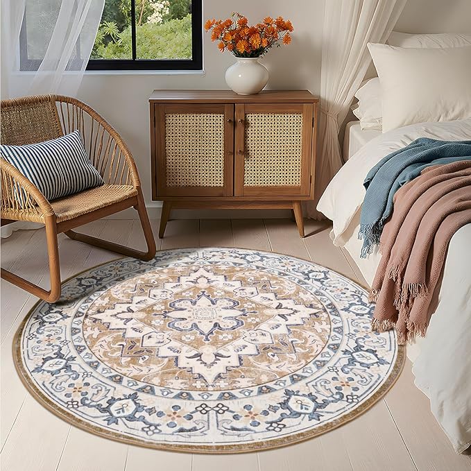 Lessymo 4FT Washable Round Area Rugs for Living Room, Non Slip Circle Rugs Low Pile Vintage Carpet for Bedroom, Dining Room, Nursery, Home Office, Brown Beige