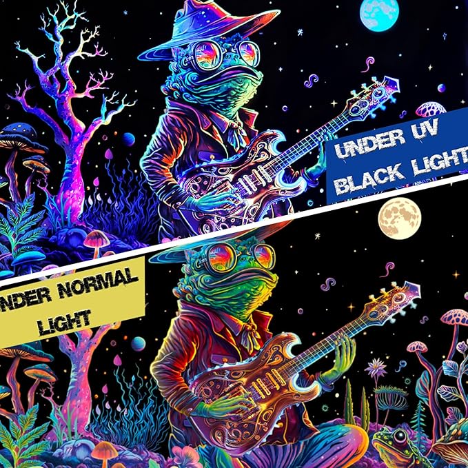 Galoker Blacklight Frog Tapestry Fantasy Neon Mushroom Tapestries UV Reactive Plant Floral Wall Tapestry Galaxy Space Tapestries Wall Hanging for Home Decor(H51.2×W59.1 inches)