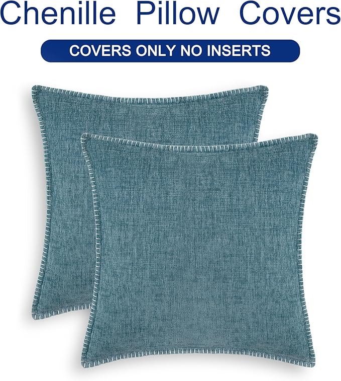 CaliTime Throw Pillow Covers Decorative 20 X 20 Inches Pack of 2 Cotton Thread Stitching Edges Solid Dyed Soft Chenille Cushion Cases for Couch Sofa Bed Living Room Farmhouse Smoke Blue