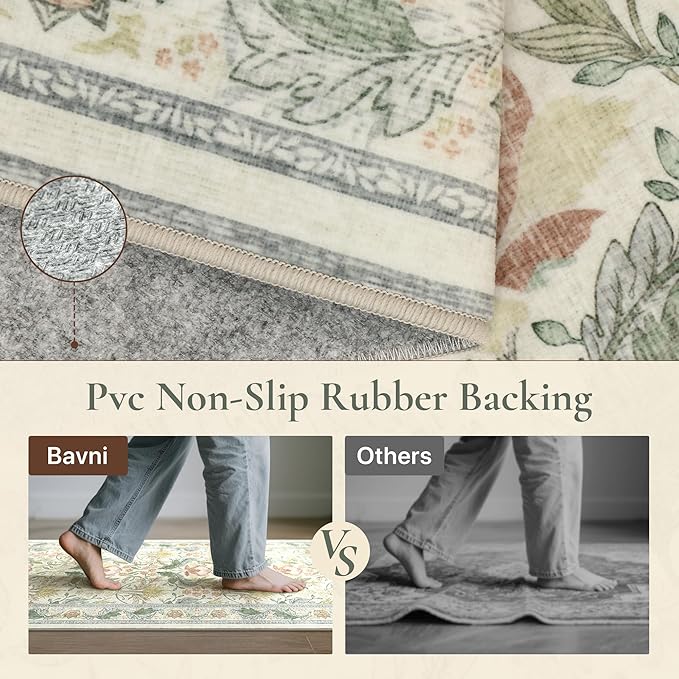 Bavni 2'6''x6 Runner Rug,Microfiber Washable Non-Slip Vintage Floral Rugs,Low Pile Lightweight Carpet for Bedroom,Hallway,Entryway,Kitchen,Bathroom, Beige&Green