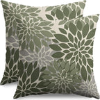 Dark Sage Green Flower Pillow Covers 24X24 Inch Set of 2, Grey Gray Dahlia Floral Spring Summer Cream Decorative Throw Pillow Covers Outdoor Modern Farmhouse Cushion Case for Home Couch Sofa Bed Decor