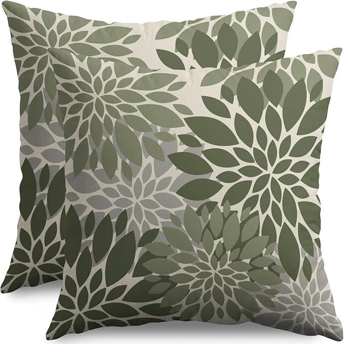 Dark Sage Green Flower Pillow Covers 20X20 Inch Set of 2, Grey Gray Dahlia Floral Spring Summer Cream Decorative Throw Pillow Covers Outdoor Modern Farmhouse Cushion Case for Home Couch Sofa Bed Decor