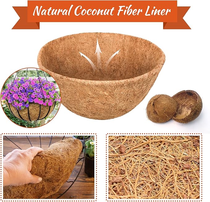Riare 2 Pack 14 Inch Round Coco Liners Replacement, 100% Natural Coconut Coir Liners for Hanging Baskets, Garden Flower Vegetables Planter Pot, Window Box, Fence, Decks